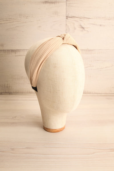Almere Ginger Beige Ribbed Knit Headband w Knot on mannequin | La Petite Garçonne