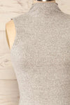 Alvarus Grey Sleeveless Fitted Midi Dress | La petite garçonne front close-up