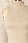 Alvarus Sand Sleeveless Fitted Midi Dress | La petite garçonne front close-up