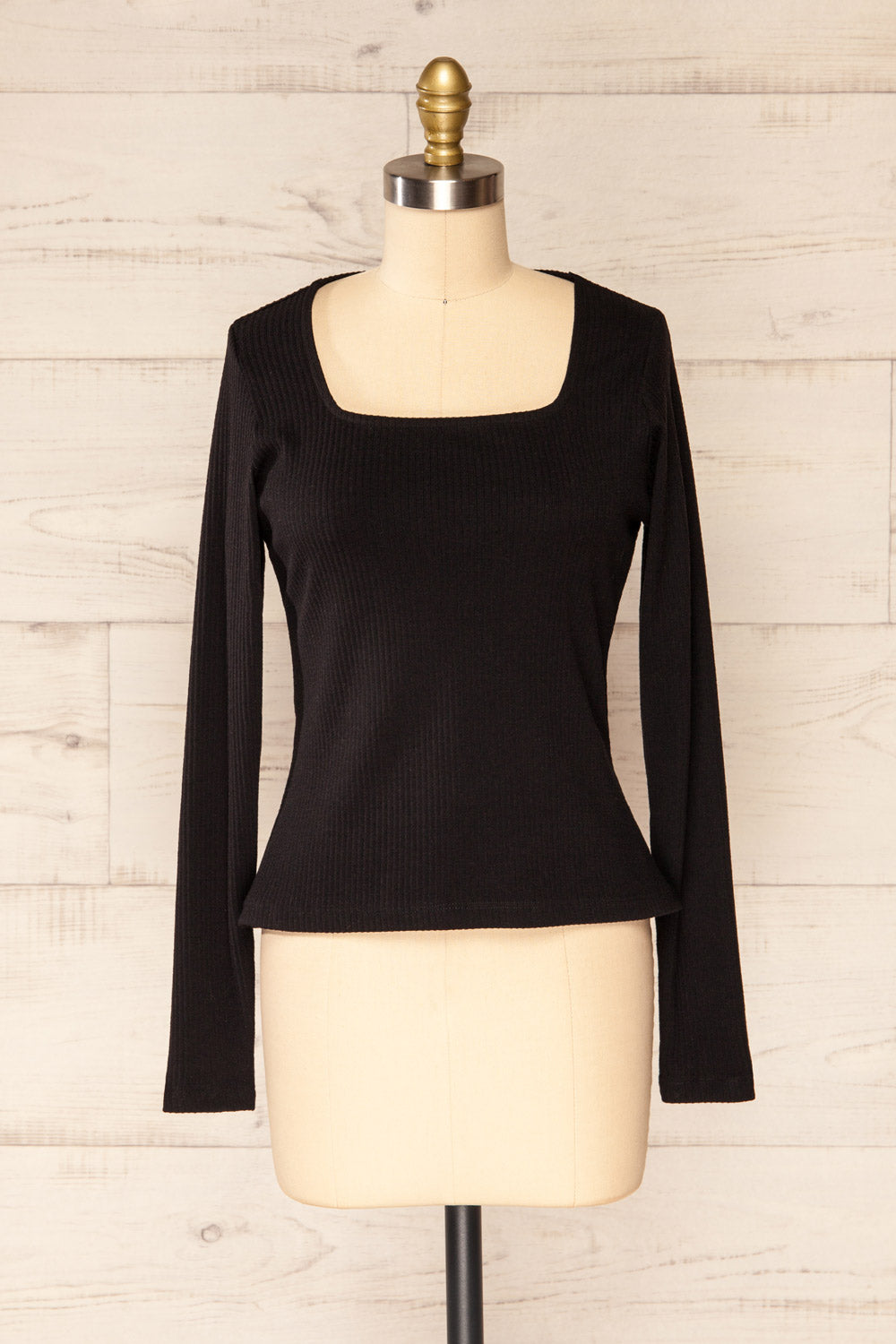 Amberr Black Ribbed Long Sleeve Top | La petite garçonne front view