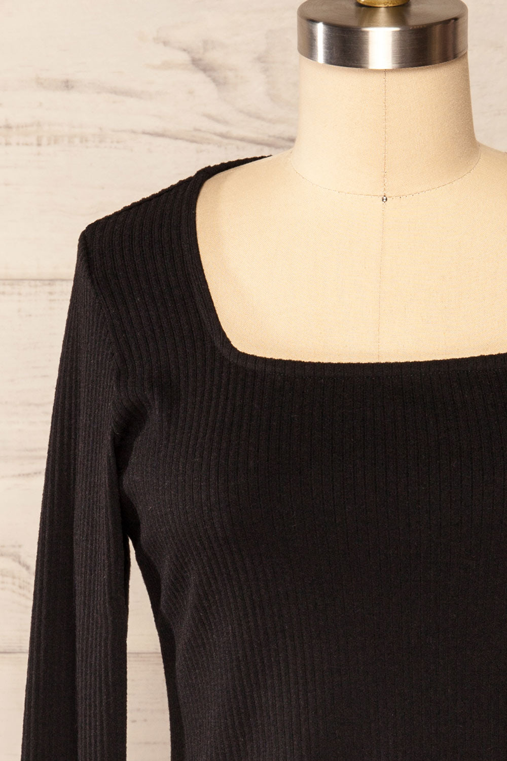 Amberr Black Ribbed Long Sleeve Top | La petite garçonne front close up