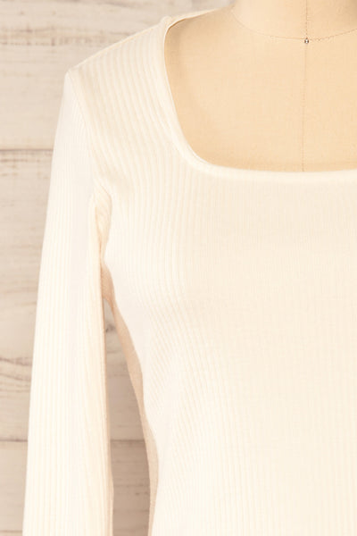 Amberr Cream Ribbed Long Sleeve Top | La petite garçonne front close-up