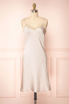 Amira Beige Short Satin Slip Dress with Lace | Boutique 1861 front view