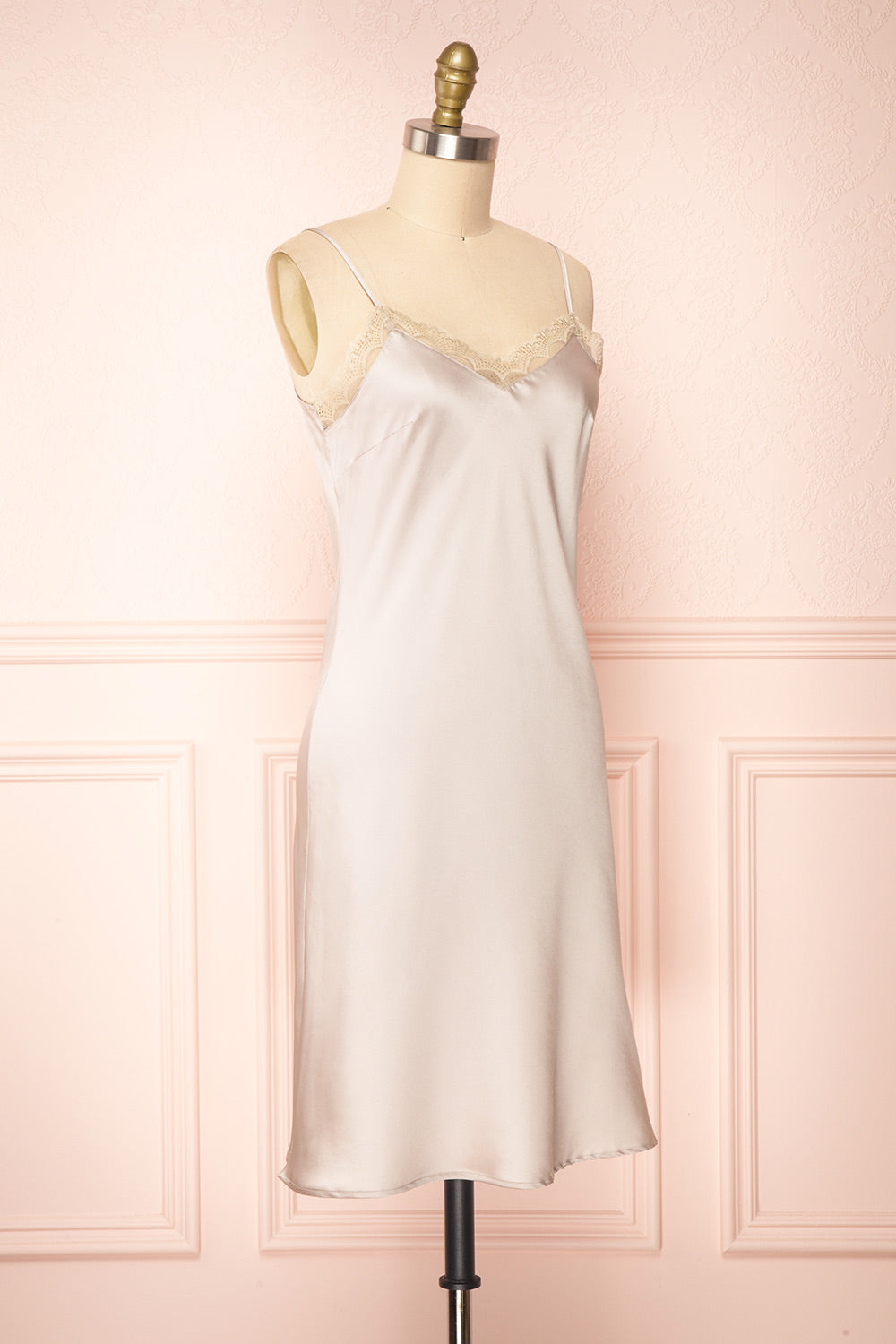 Amira Beige Short Satin Slip Dress with Lace | Boutique 1861 side view 