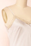 Amira Beige Short Satin Slip Dress with Lace | Boutique 1861 side close-up