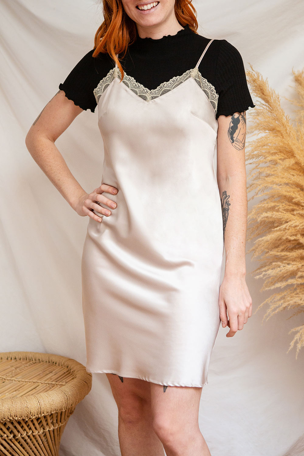 Amira Black Short Satin Slip Dress with Lace | Boutique 1861 on model