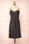 Amira Black Short Satin Slip Dress with Lace | Boutique 1861 front view