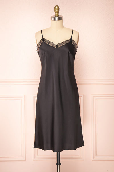 Amira Black Short Satin Slip Dress with Lace | Boutique 1861 front view