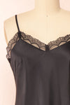 Amira Black Short Satin Slip Dress with Lace | Boutique 1861 front close-up
