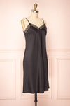 Amira Black Short Satin Slip Dress with Lace | Boutique 1861 side view