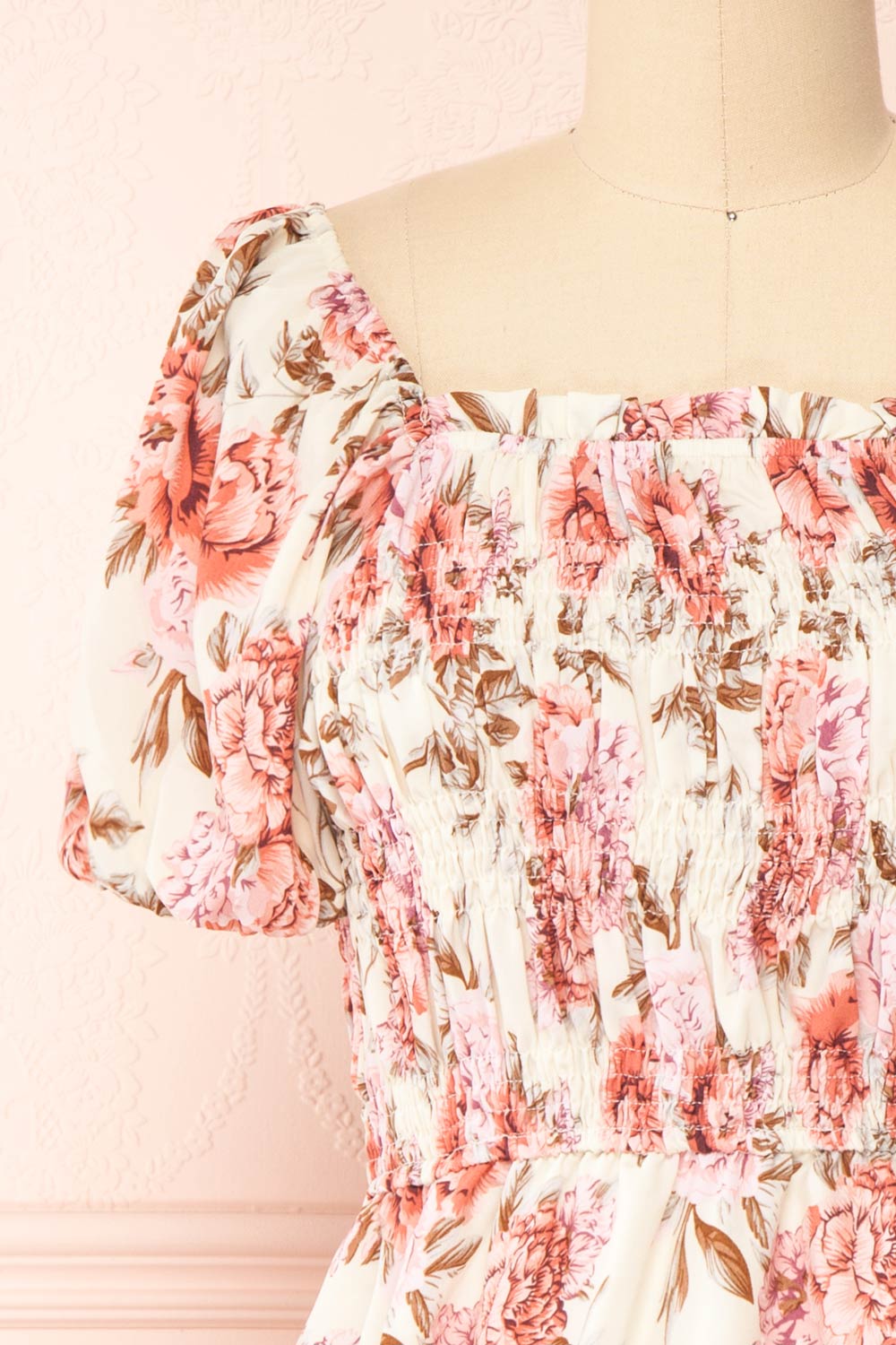 Anaba Beige Short Puffy Sleeve Floral Dress | Boutique 1861 front close-up