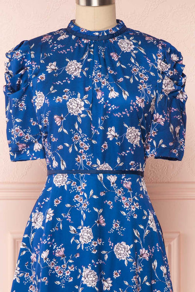 Anaelle Midnight Blue Floral Silky Cocktail Dress | FRONT CLOSE UP | Boutique 1861
