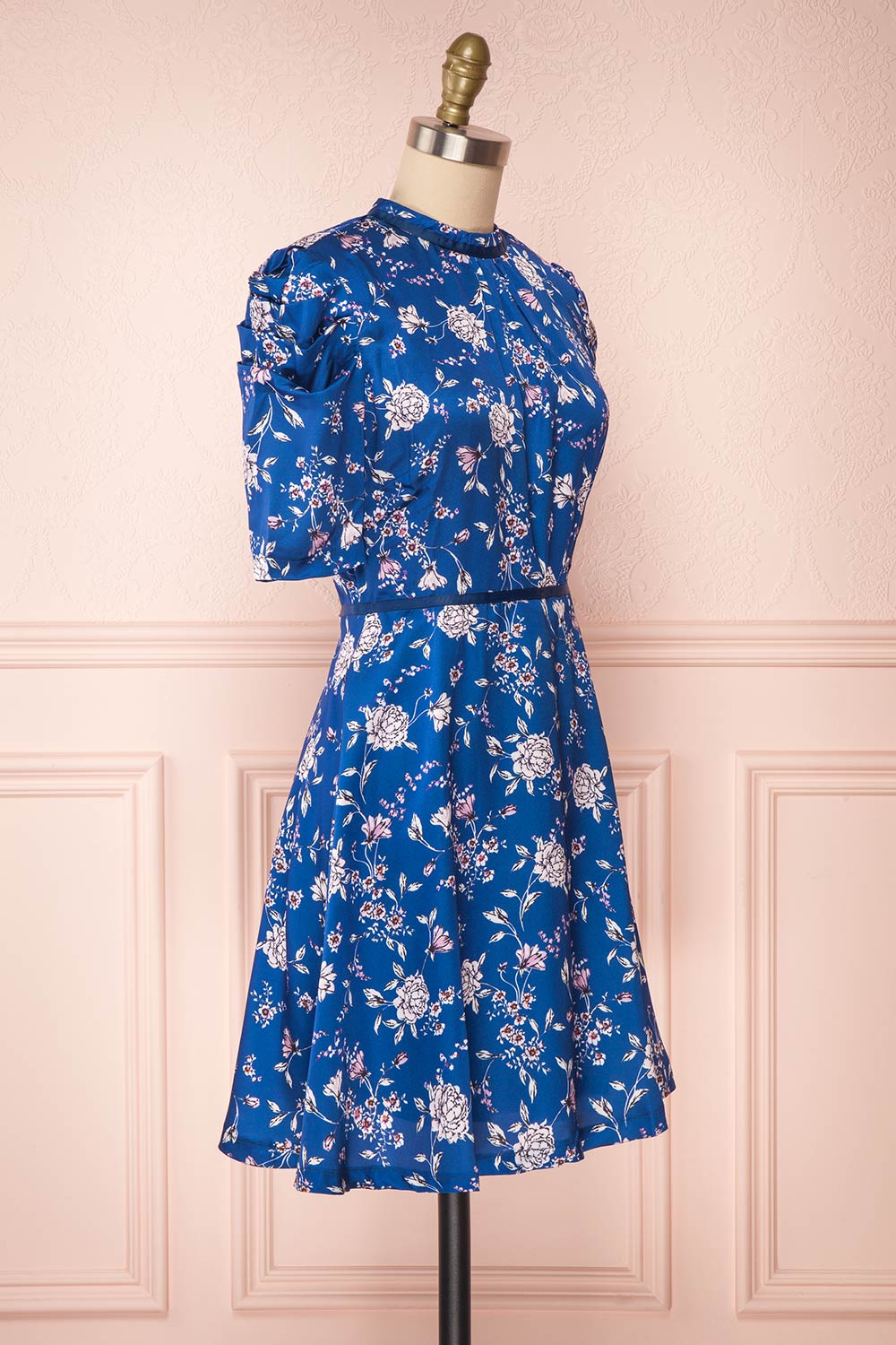 Anaelle Midnight Blue Floral Silky Cocktail Dress  | SIDE VIEW | Boutique 1861