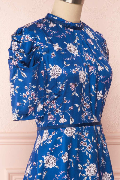 Anaelle Midnight Blue Floral Silky Cocktail Dress  | SIDE CLOSE UP | Boutique 1861