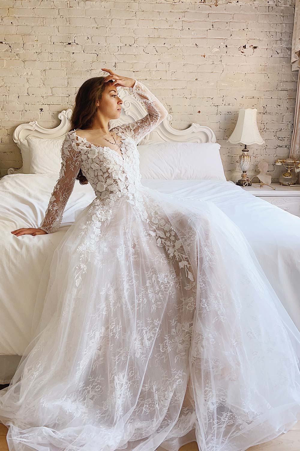 V-neck Long Sleeves Backless Ivory Chiffon Wedding Dress with Lace - June  Bridals