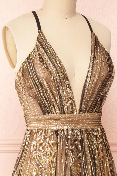 Andra Black Plunging Neckline Sparkling Maxi Dress | Boutique 1861  side close-up
