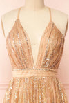 Andra Rose Gold Plunging Neckline Sparkling Maxi Dress | Boutique 1861 front close-up