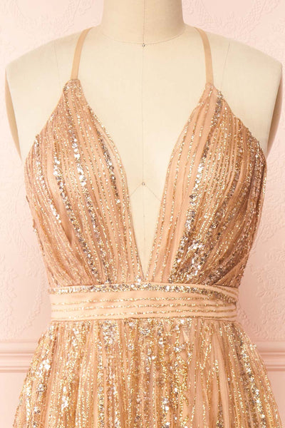 Andra Rose Gold Plunging Neckline Sparkling Maxi Dress | Boutique 1861 front close-up
