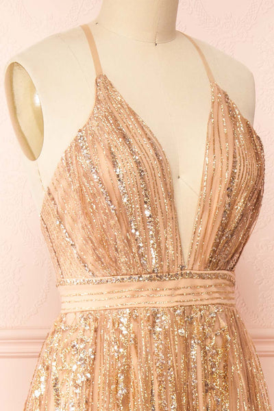 Andra Rose Gold Plunging Neckline Sparkling Maxi Dress | Boutique 1861 side close-up