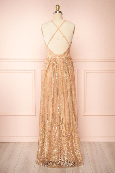 Andra Rose Gold Plunging Neckline Sparkling Maxi Dress | Boutique 1861 back view