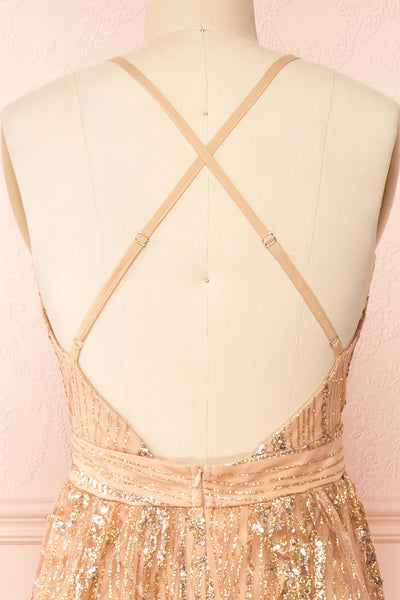 Andra Rose Gold Plunging Neckline Sparkling Maxi Dress | Boutique 1861 back close-up