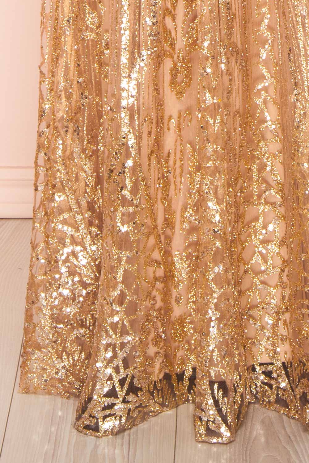 Andra Rose Gold Plunging Neckline Sparkling Maxi Dress | Boutique 1861 bottom 