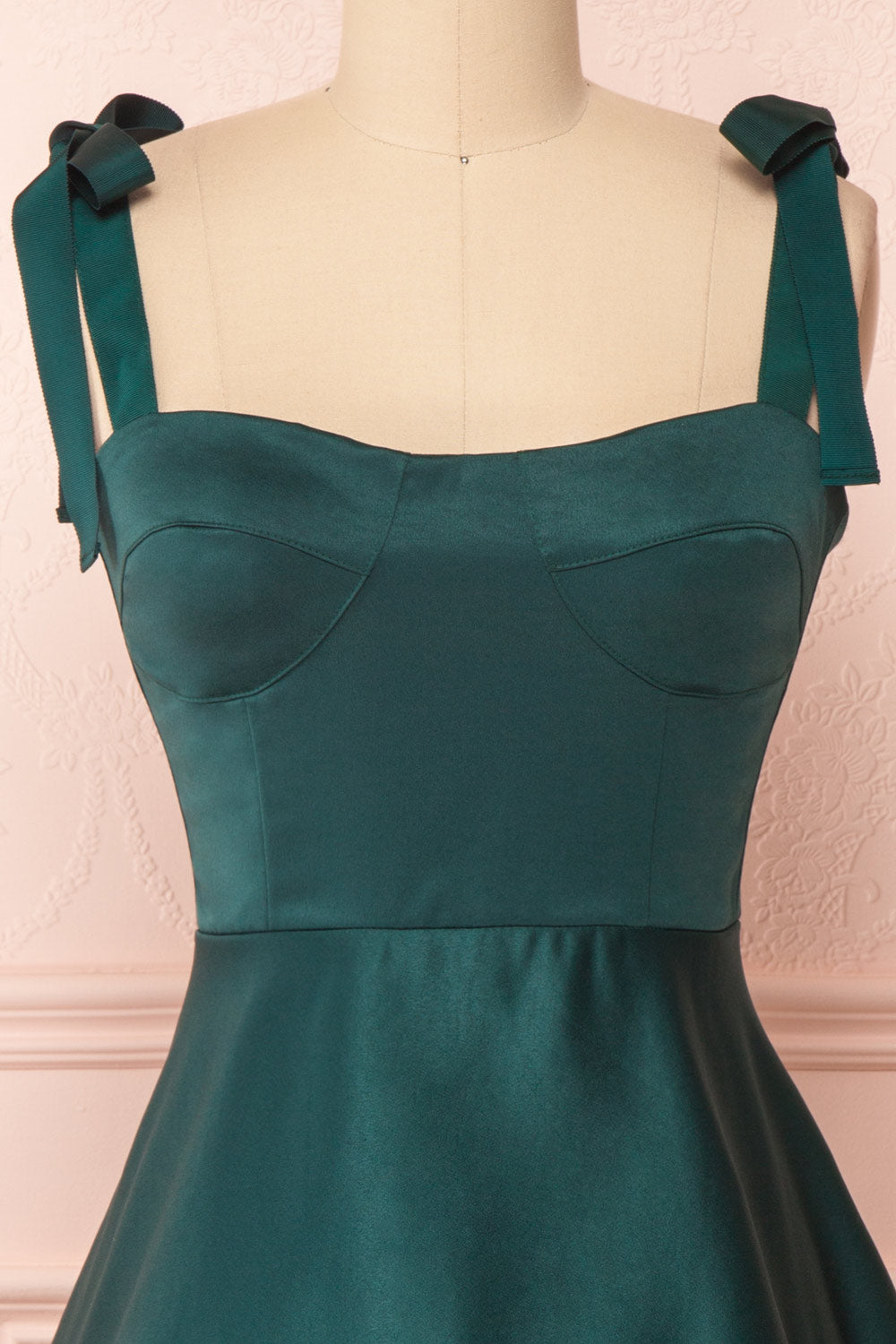 Angelina Emerald Green Satin A-Line Party Dress | Boutique 1861 front close-up