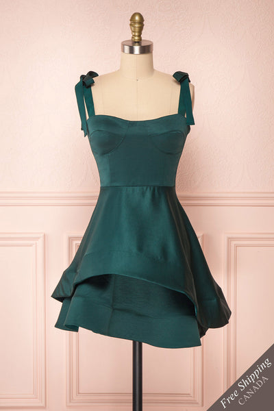 Angelina Emerald Green Satin A-Line Party Dress | Boutique 1861 front view