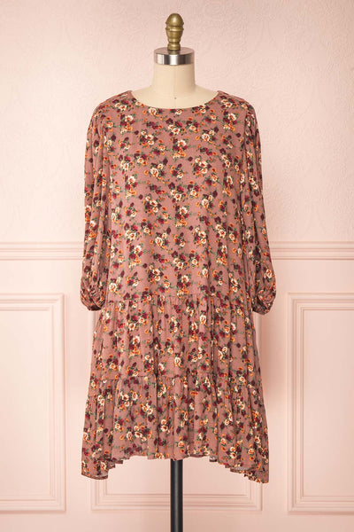 Angevina Taupe Floral Dress with Layered Frills | Boutique 1861 front view