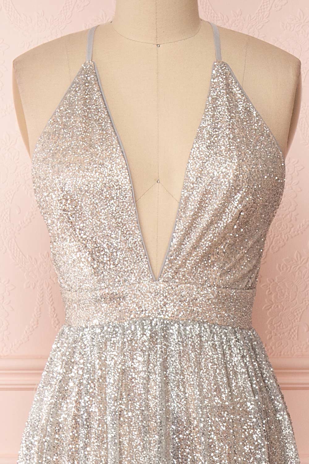 Anice Silver Glittery Dress | Robe Argent | Boutique 1861 front close-up