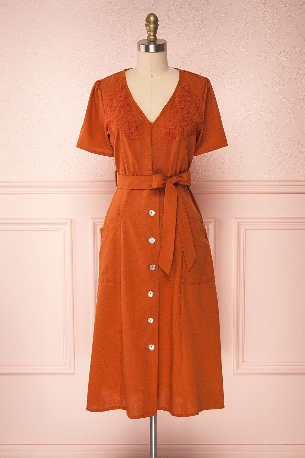 Anichka Orange Midi Dress w/ Buttons | Boutique 1861 front view 