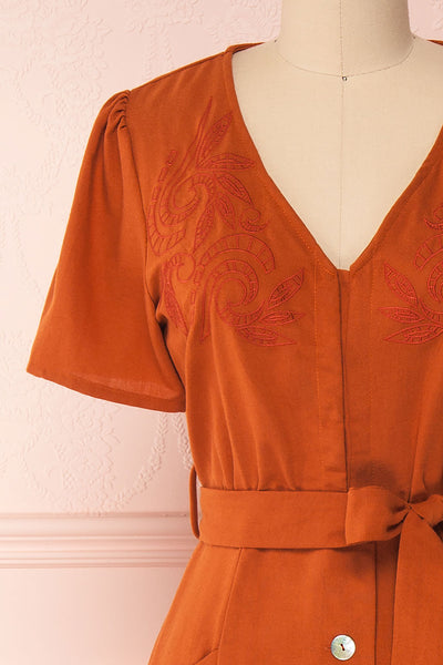 Anichka Orange Midi Dress w/ Buttons | Boutique 1861 front close-up