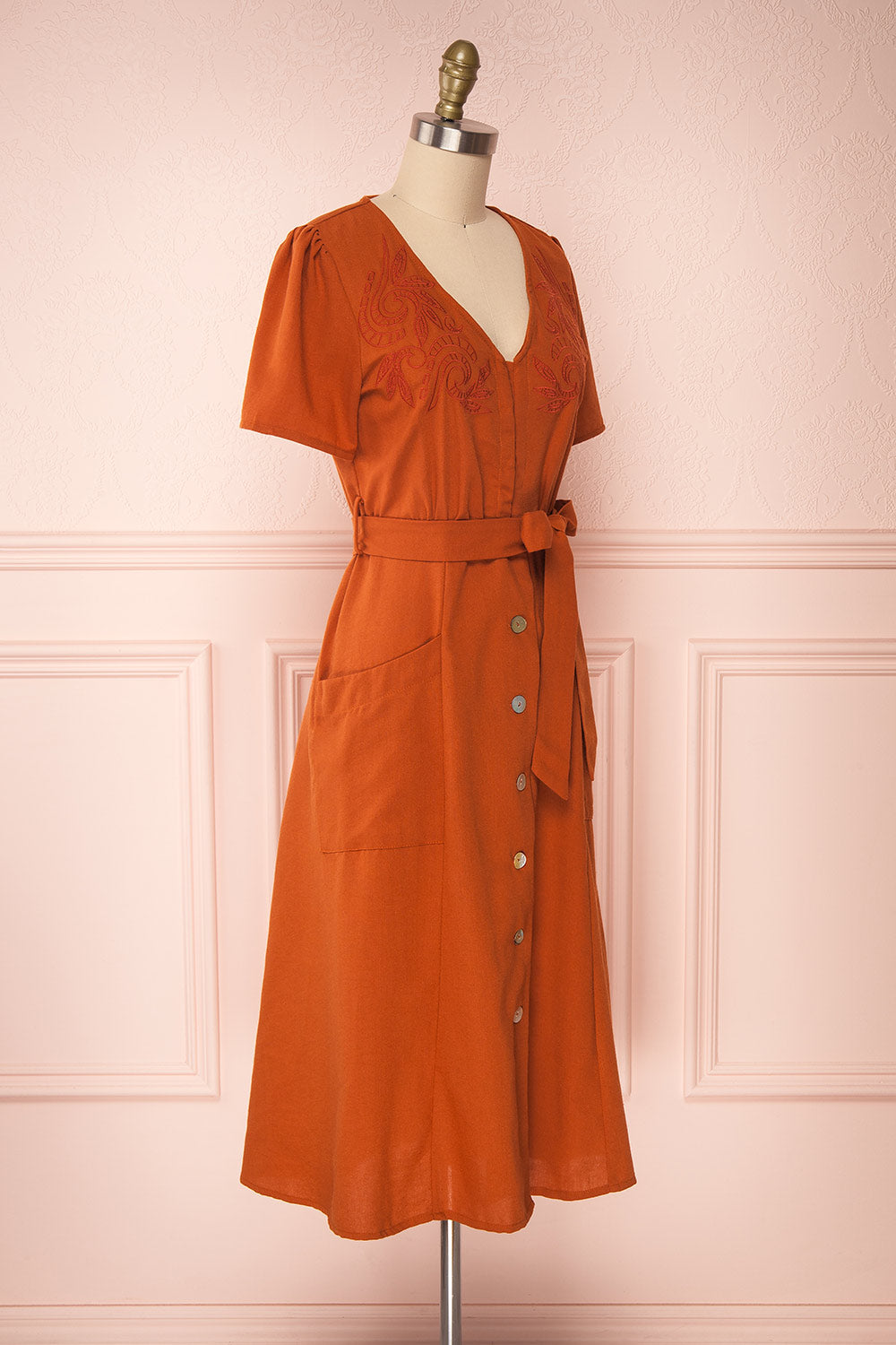 Anichka Orange Midi Dress w/ Buttons | Boutique 1861 side view 