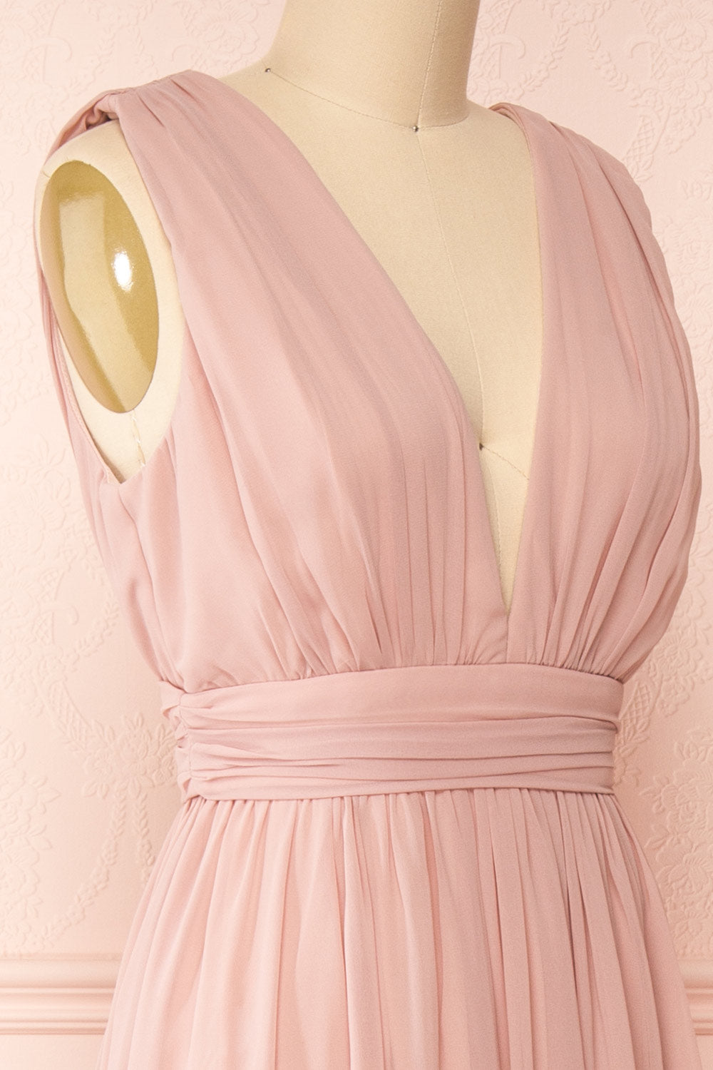 Animos Taupe V-Neck Maxi Dress | Boudoir 1861 side close-up