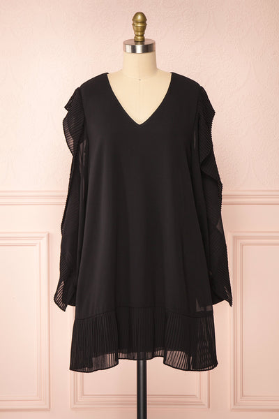 Anisha Black Wide Long Sleeve Dress w/ Frills | Boutique 1861 front view