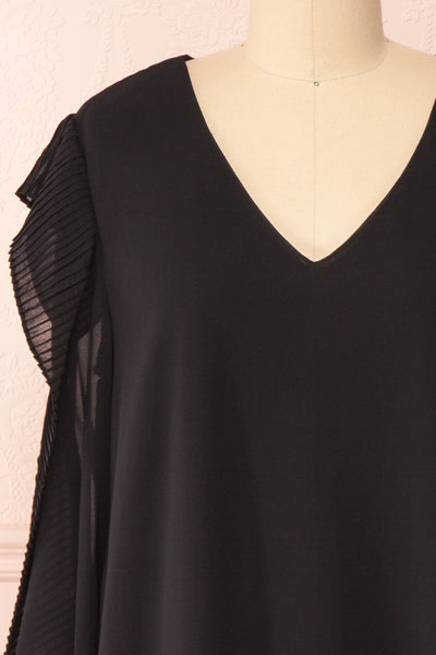 Anisha Black Wide Long Sleeve Dress w/ Frills | Boutique 1861 front close-up
