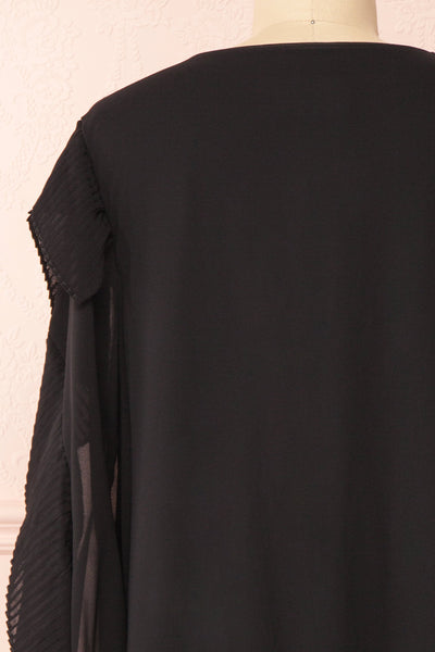 Anisha Black Wide Long Sleeve Dress w/ Frills | Boutique 1861 back close-up