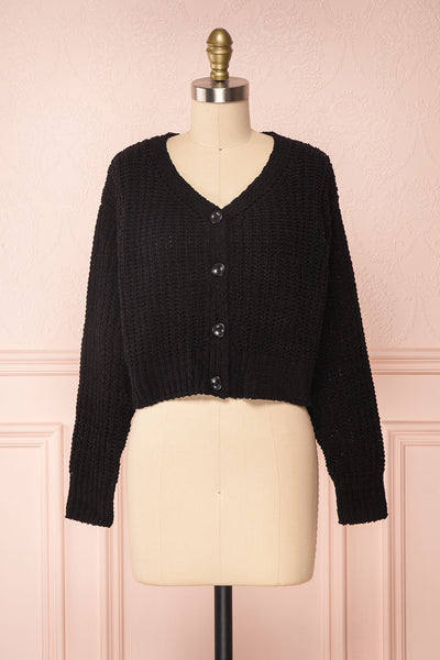 Anja Black Fuzzy Knit Button-Up Cardigan | Boutique 1861 front view