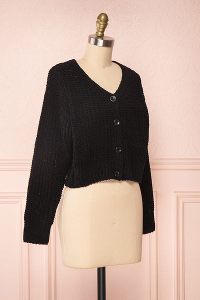 Anja Black Fuzzy Knit Button-Up Cardigan | Boutique 1861 side view