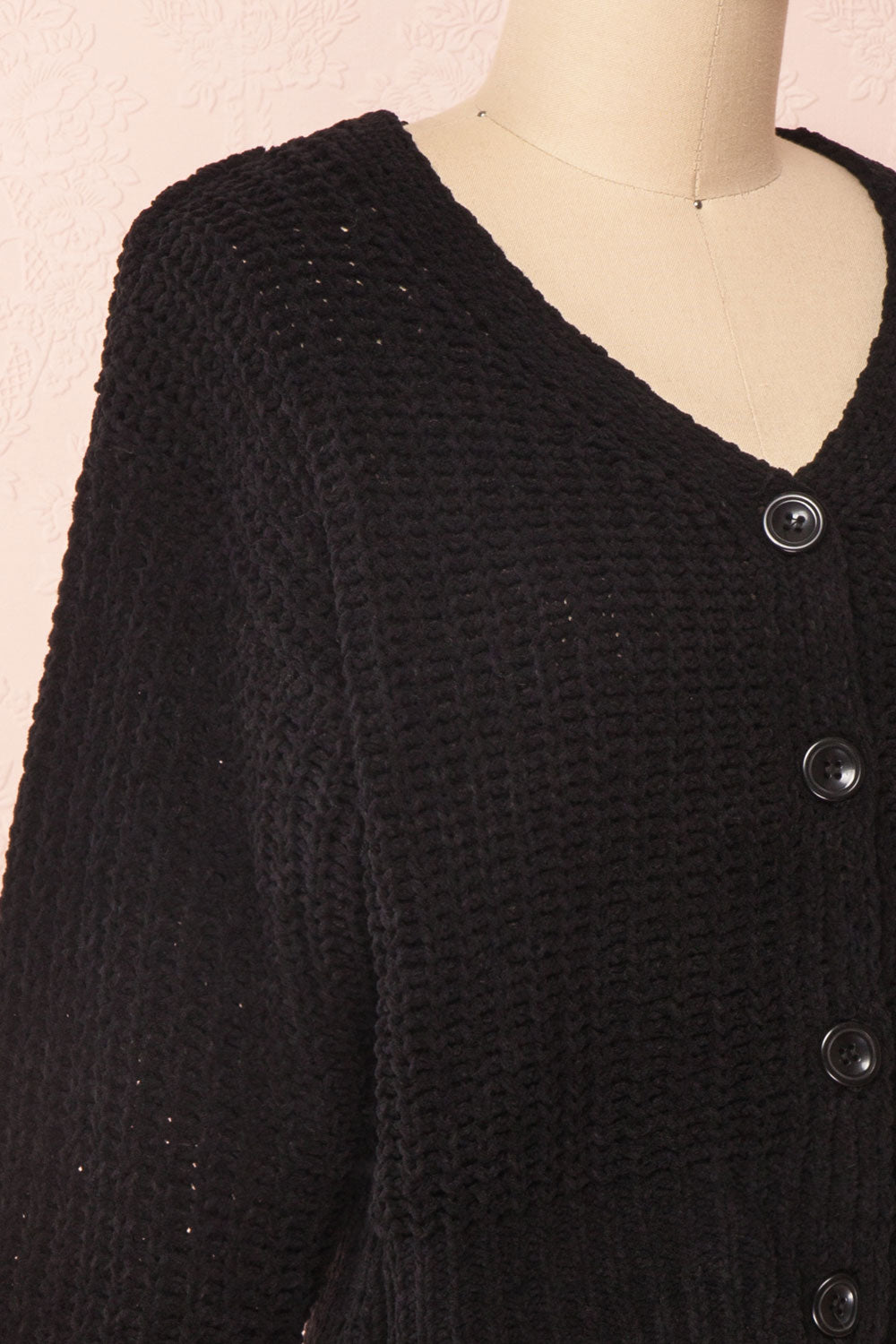 Anja Black Fuzzy Knit Button-Up Cardigan | Boutique 1861 side close-up