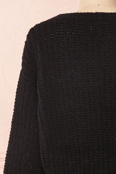 Anja Black Fuzzy Knit Button-Up Cardigan | Boutique 1861 back close-up