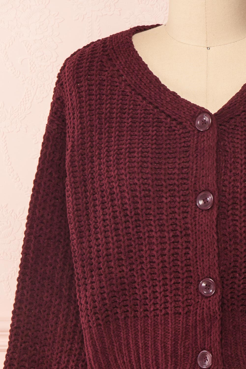  Anja Burgundy Fuzzy Knit Button-Up Cardigan | Boutique 1861 front close-up