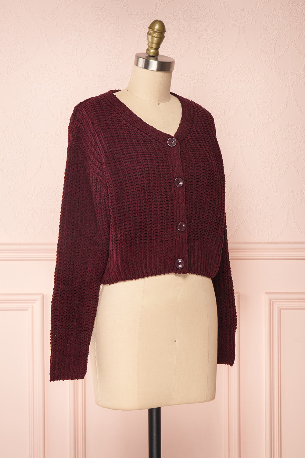 Anja Burgundy Fuzzy Knit Button-Up Cardigan | Boutique 1861 side view 