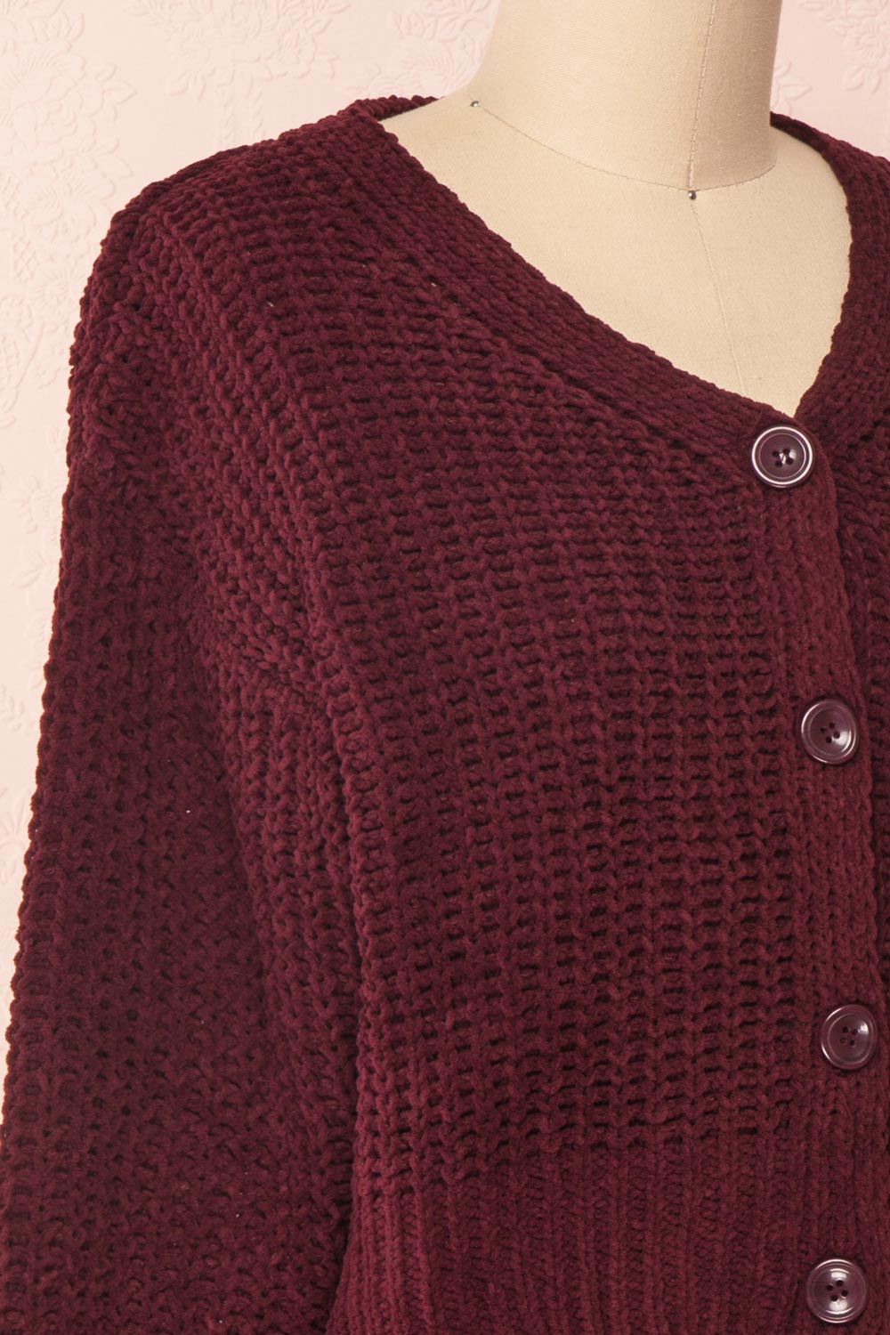 Anja Burgundy Fuzzy Knit Button-Up Cardigan | Boutique 1861 side close-up 