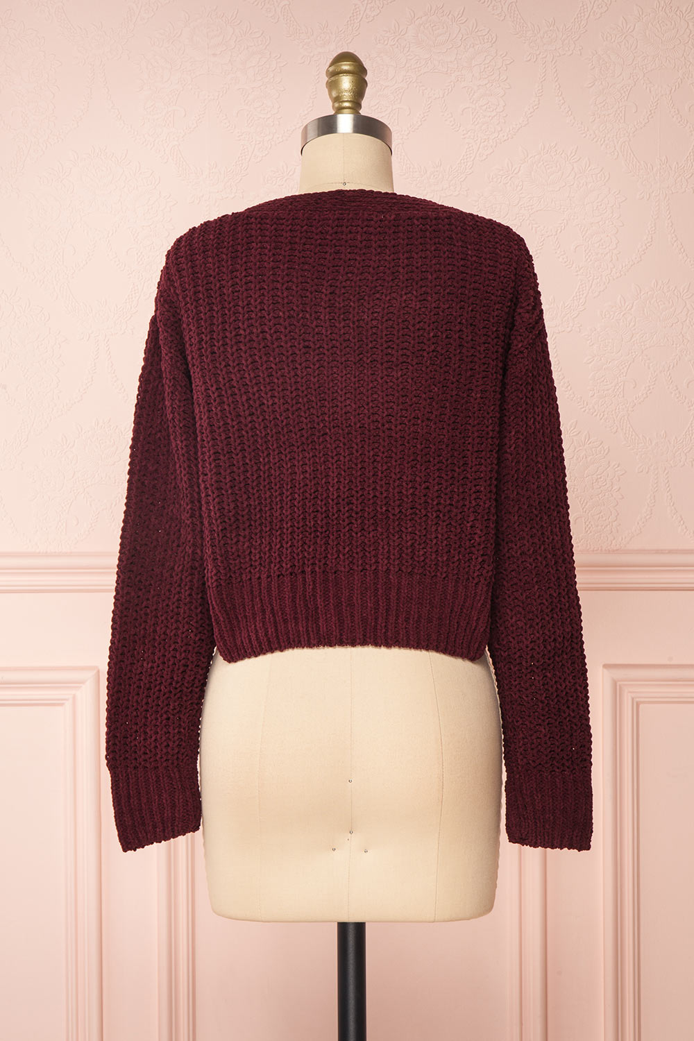 Anja Burgundy Fuzzy Knit Button-Up Cardigan | Boutique 1861 back view 