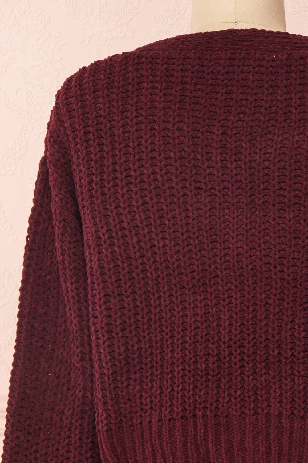 Anja Burgundy Fuzzy Knit Button-Up Cardigan | Boutique 1861 back close-up 