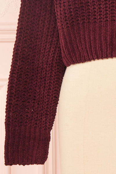 Anja Burgundy Fuzzy Knit Button-Up Cardigan | Boutique 1861 bottom close-up