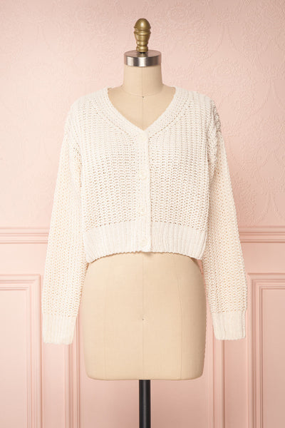 Anja Ivory Fuzzy Knit Button-Up Cardigan | Boutique 1861 front view