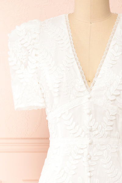 Annais White Midi Dress w/ Shimmery Embroidery | Boutique 1861front close-up