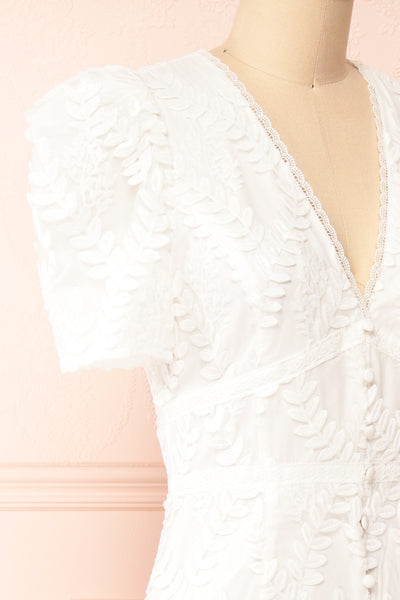 Annais White Midi Dress w/ Shimmery Embroidery | Boutique 1861 side close-up